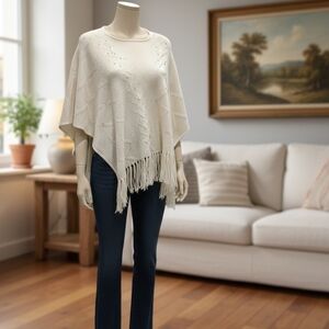 Cream Knit Poncho with Fringe